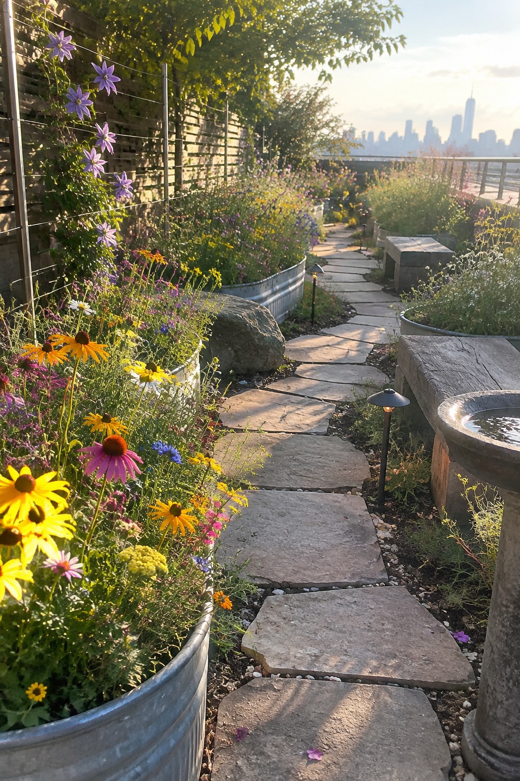A rooftop garden with a winding stone pathway bordered by flowers in metal containers and overlooking a city skyline.