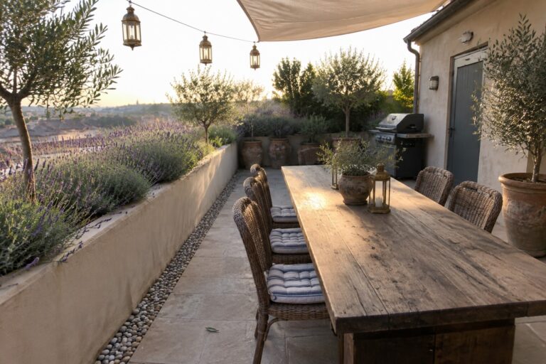 17 Smart Roof Garden Layout Ideas for Narrow Rooftops A long wooden dining table with wicker chairs runs the length of a narrow rooftop terrace next to a concrete planter filled with lavender.
