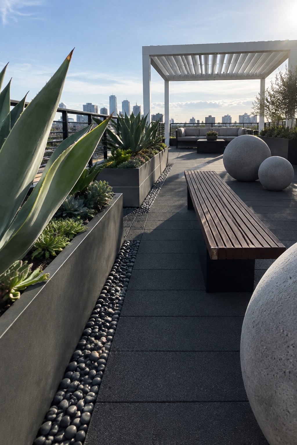 Modern rooftop terrace with wooden bench, stone spheres, succulents, pergola, and city skyline.