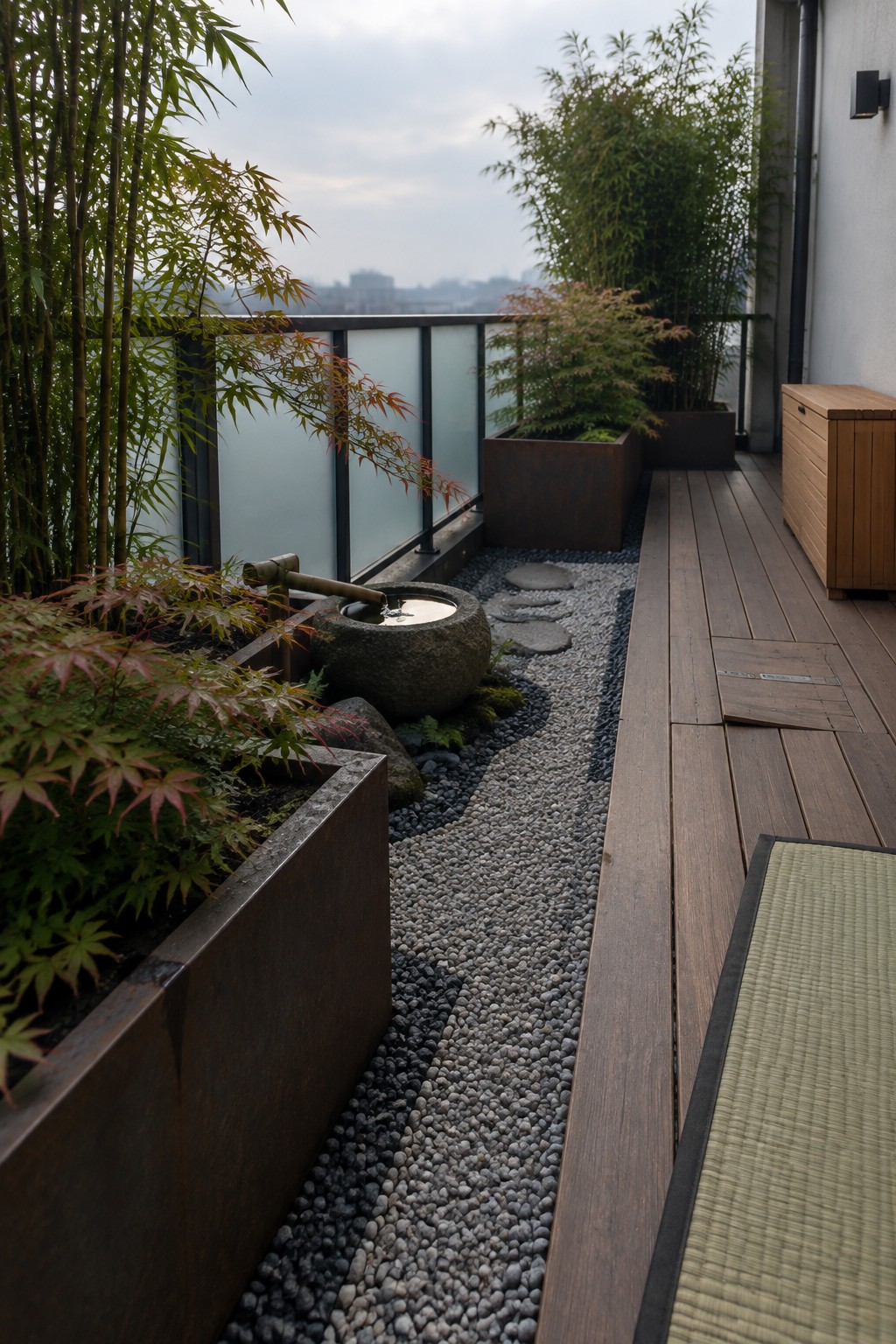 Rooftop zen garden with stone basin, bamboo spout, gravel path, and maple plants.