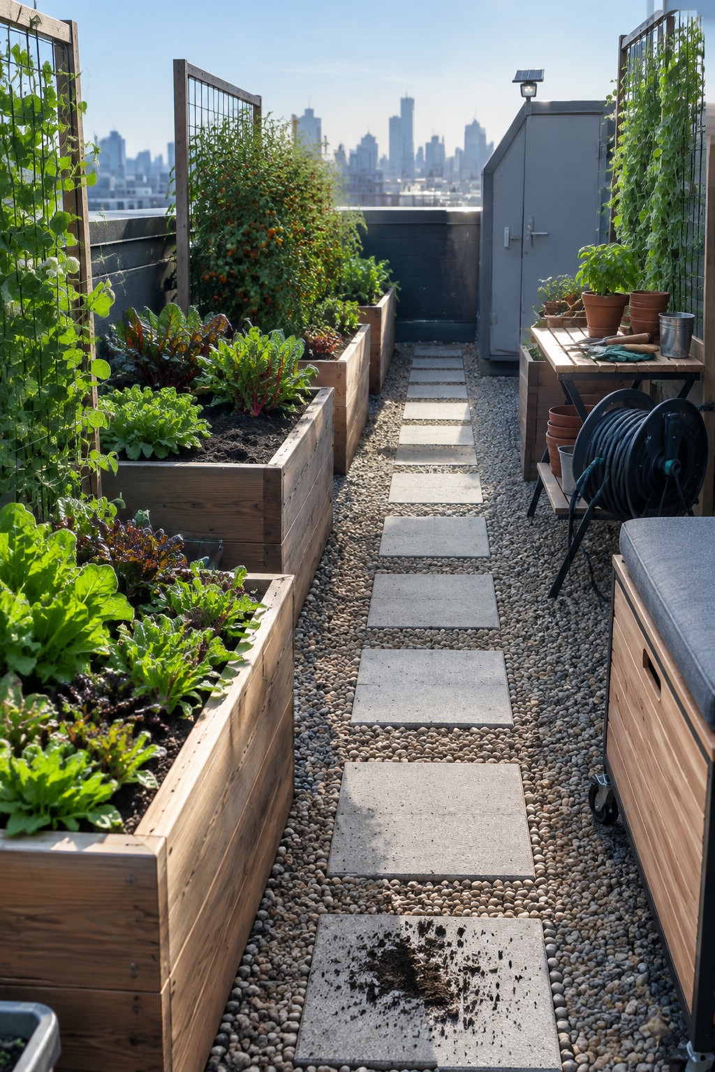 A narrow rooftop garden with wooden raised beds of vegetables flanking a gravel path of concrete stepping stones, with a city skyline in the background.