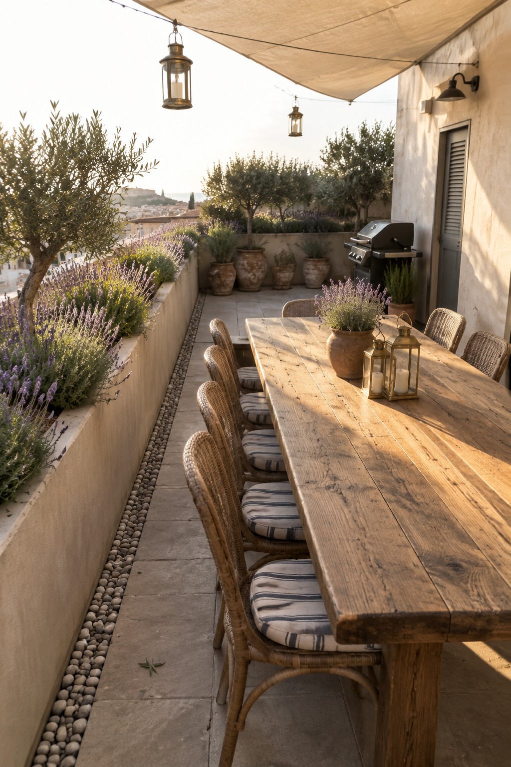 A long wooden dining table with wicker chairs runs the length of a narrow rooftop terrace next to a concrete planter filled with lavender.