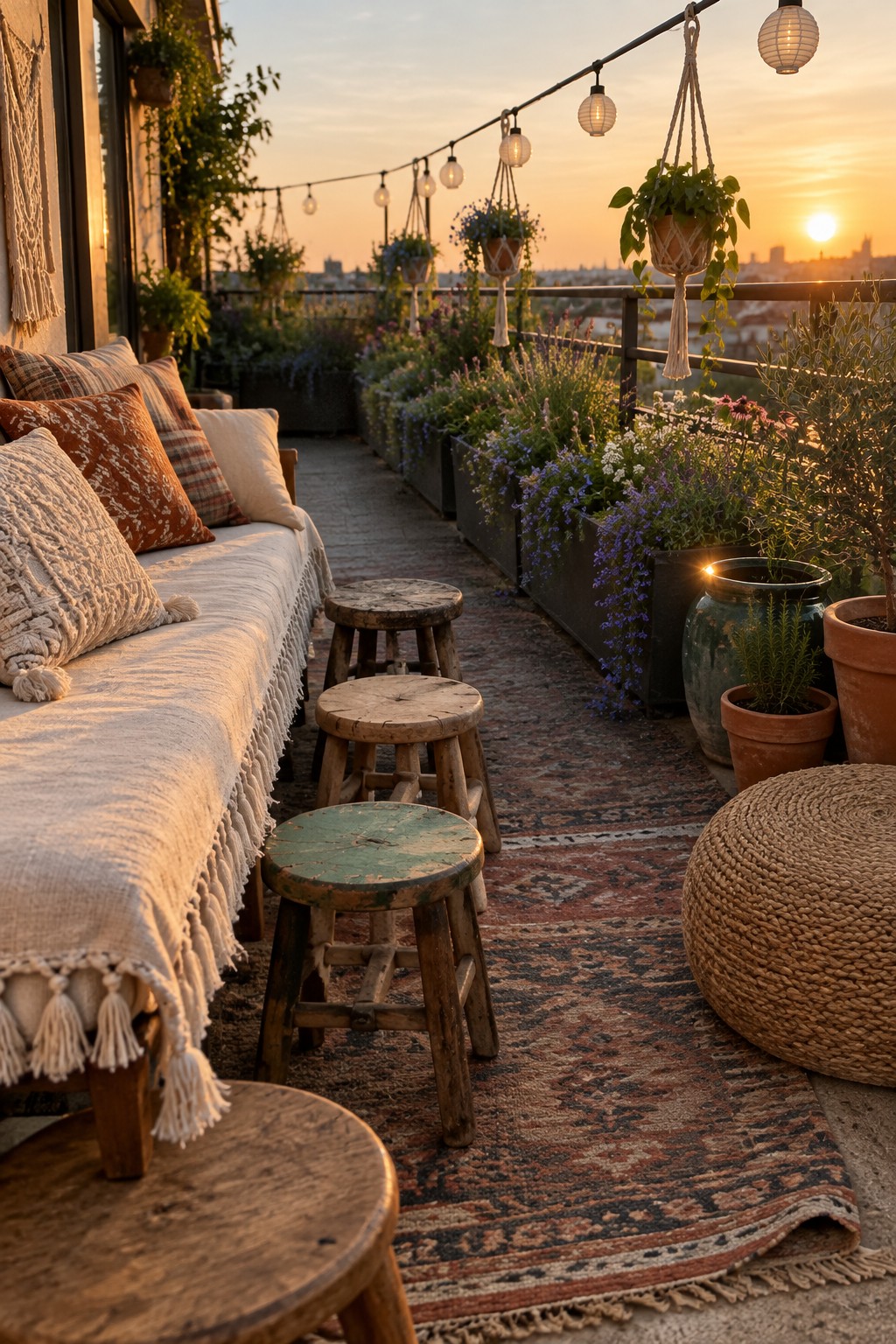 A rooftop terrace with a long cushioned bench on the left, several wooden stools on patterned rugs, hanging plants, string lights, and a city view at sunset.