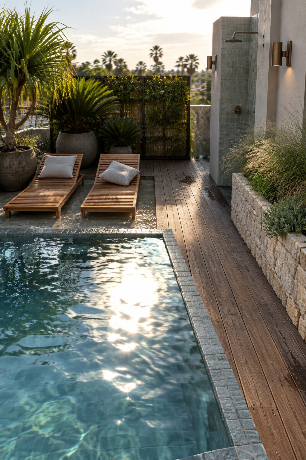A narrow rooftop terrace with a long rectangular pool running beside a wooden deck, two wooden lounge chairs with cushions, potted plants, and a tiled outdoor shower area.