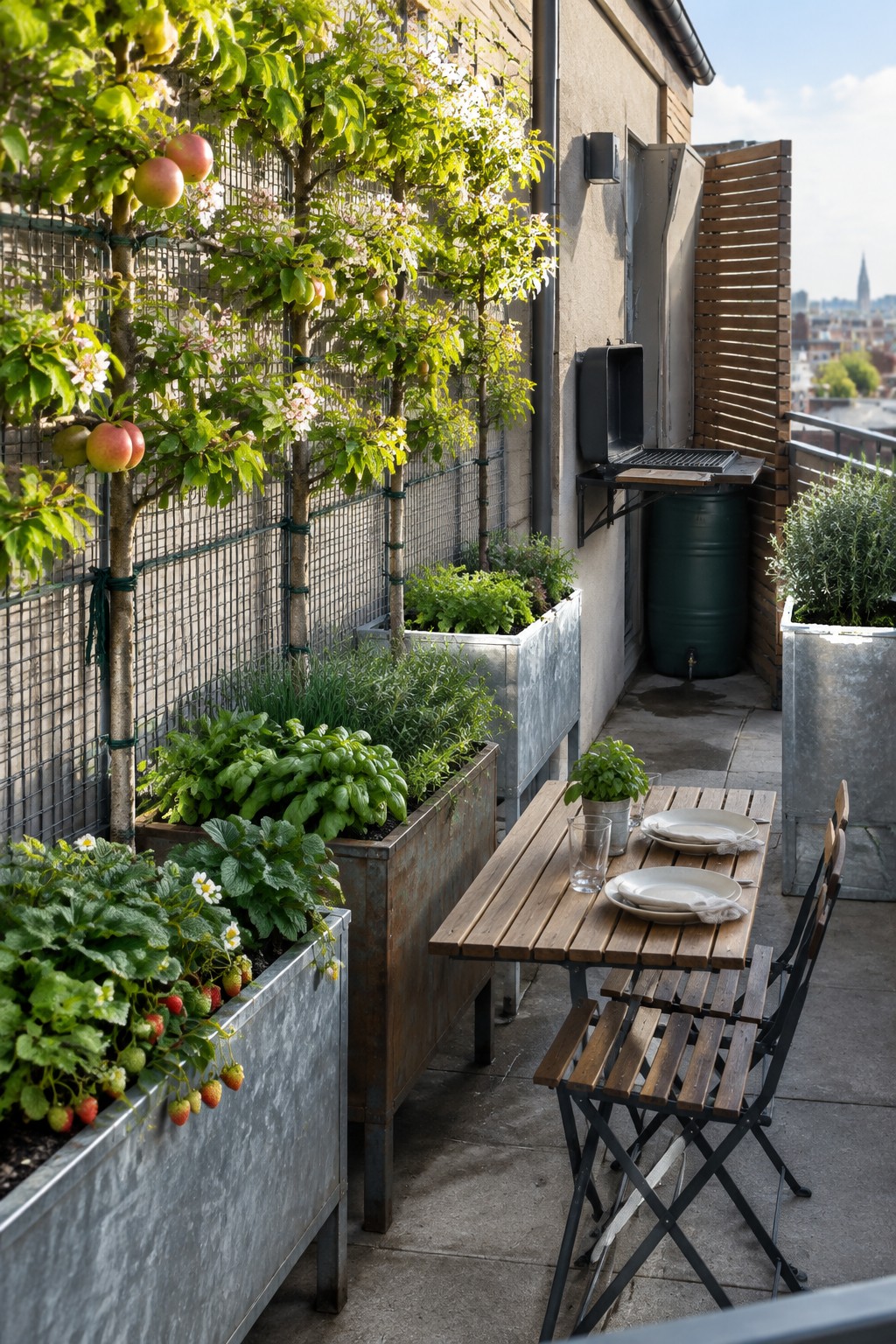 Narrow rooftop terrace featuring raised metal planters with fruit trees trained on a wall trellis, herbs, strawberries, a small wooden dining table with chairs, and a wall-mounted grill.