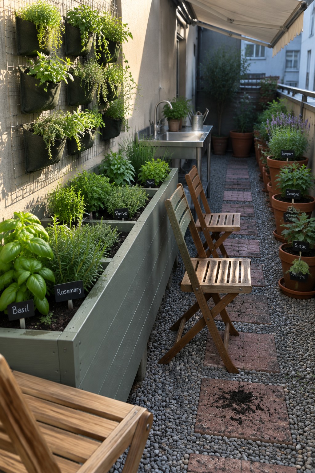 Wooden chairs beside raised herb beds and potted plants on gravel patio with sink