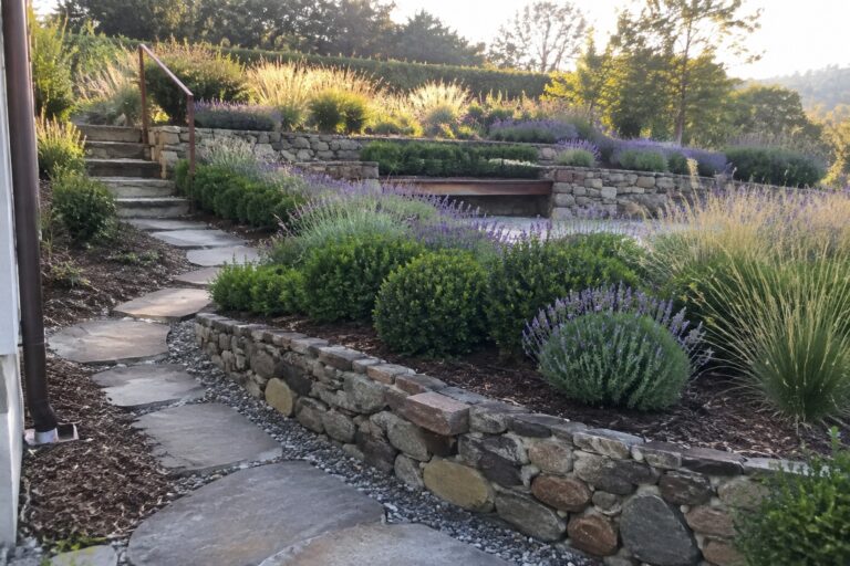 15 Smart Sloped Garden Design Ideas Using Terraced Planting Beds Lush garden with stone walls, blooming lavender, winding path and bench