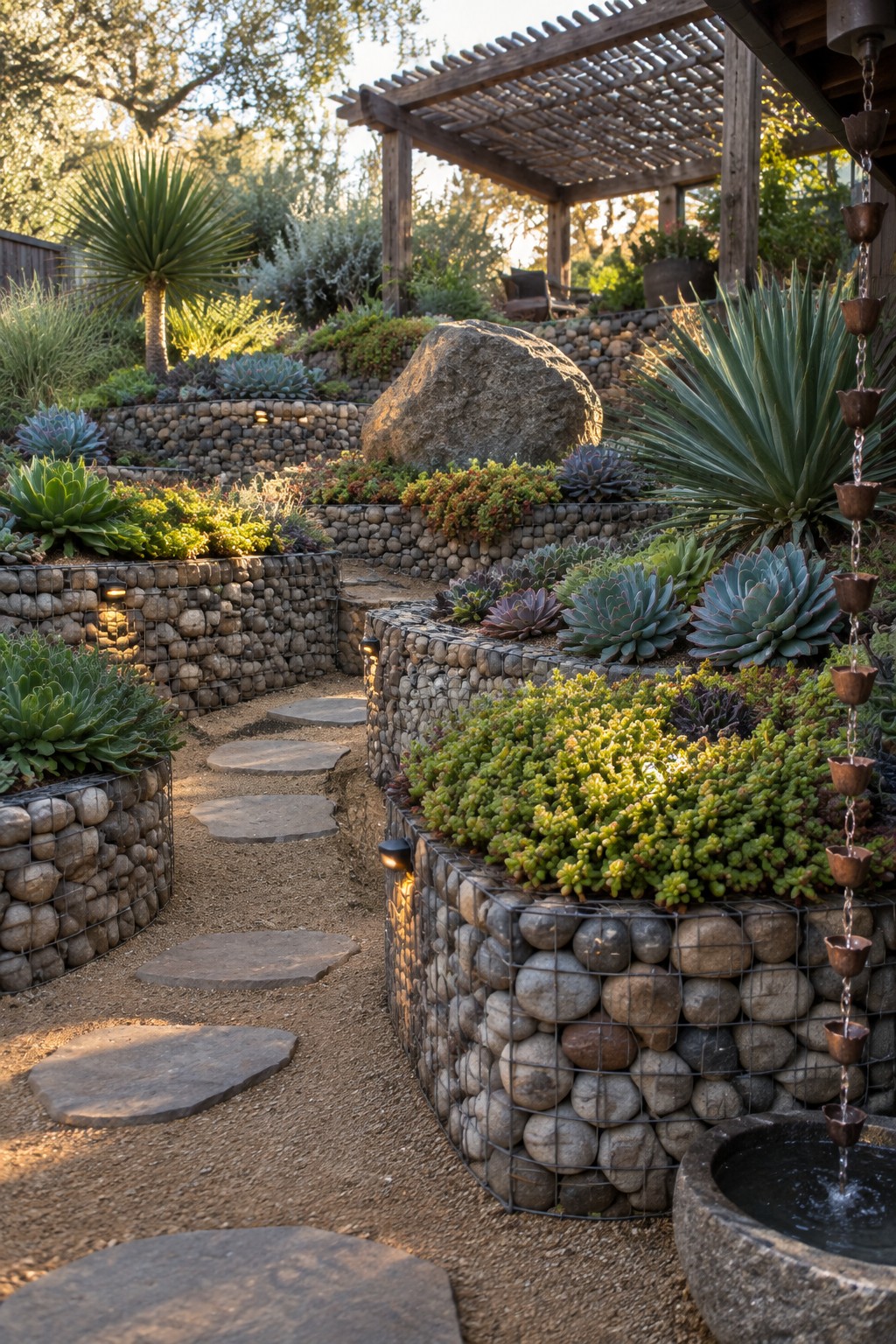 A sloped garden with multiple tiers of gabion walls made of wire cages filled with stones, planted with succulents and edged by a stone path.
