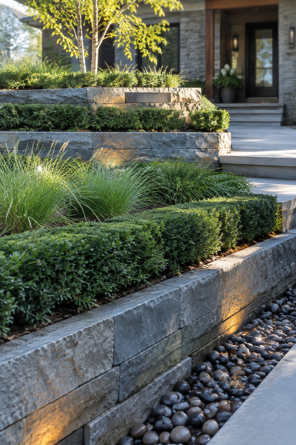 A multi-level garden with gray stone retaining walls forming terraced beds filled with shrubs and grasses, plus a lower pebble drainage strip along the base.