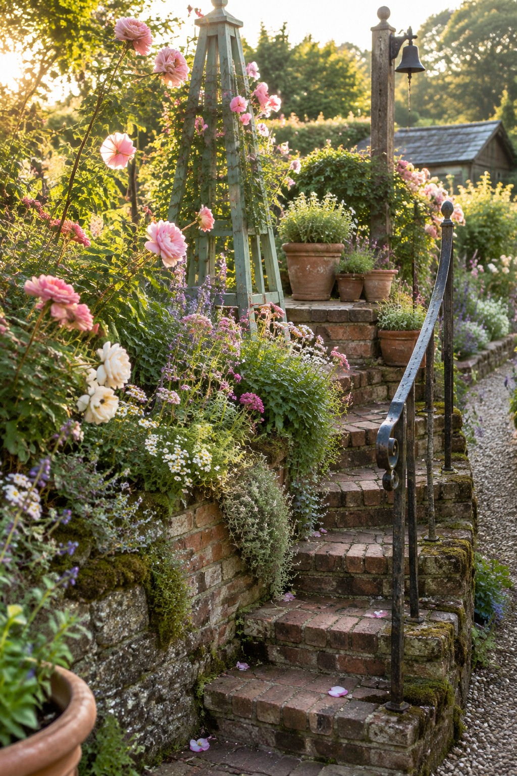 A brick staircase winds up a garden slope with terraced planting beds full of pink roses and mixed flowers on either side.