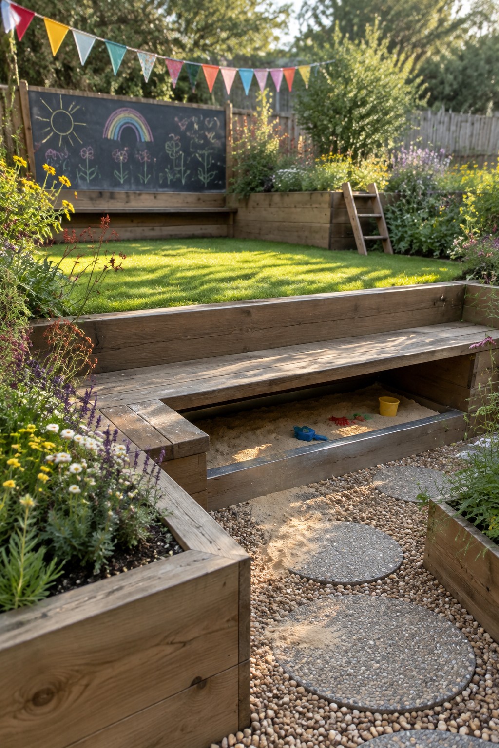 Wooden sandbox bench in sunny garden with chalkboard, bunting flags, and stepping stones
