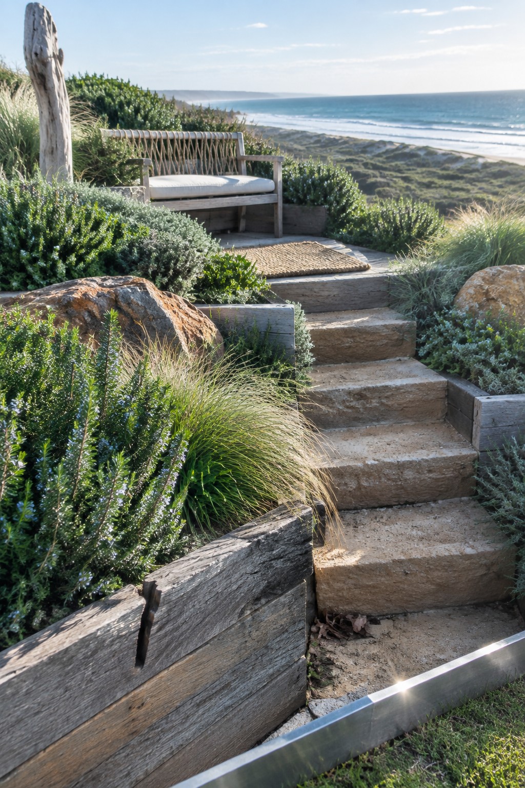 A garden slope terraced with wooden retaining walls and stone steps, planted with shrubs and ornamental grasses.