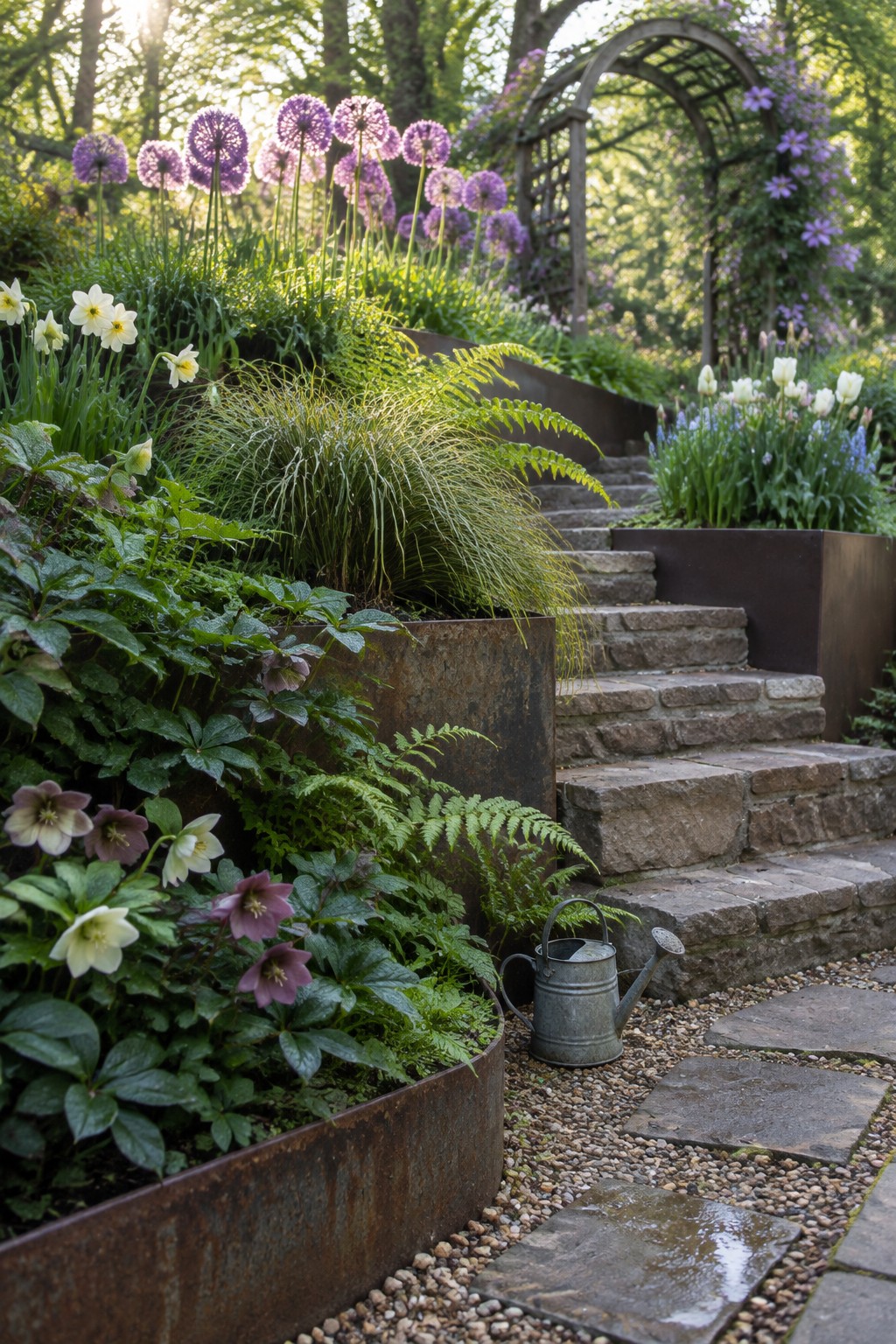 A garden slope with stone steps, gravel paths, and large weathered metal raised beds filled with flowers, ferns, and grasses.