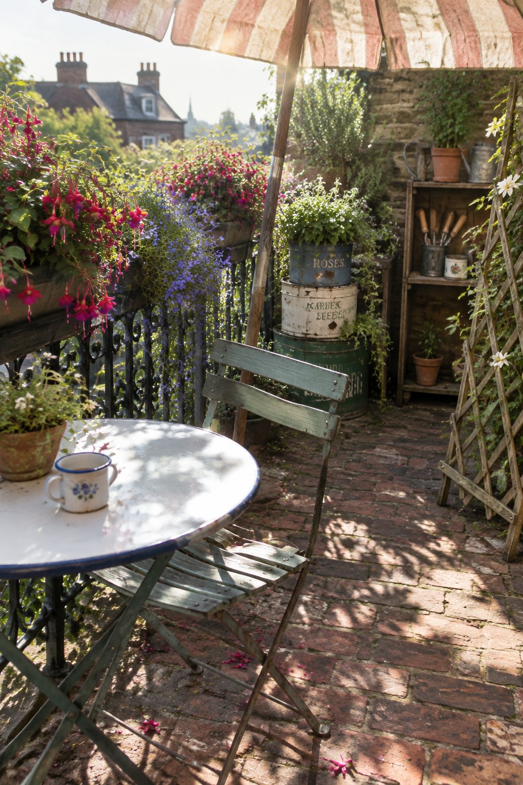 A small brick terrace with a round metal table, green folding chair, striped umbrella, and potted flowers cascading over a black railing.
