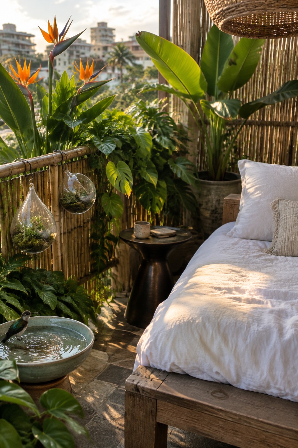 An outdoor terrace features a wooden daybed with white linens, numerous tropical plants in pots, and glass hanging planters attached to a bamboo railing overlooking city buildings.
