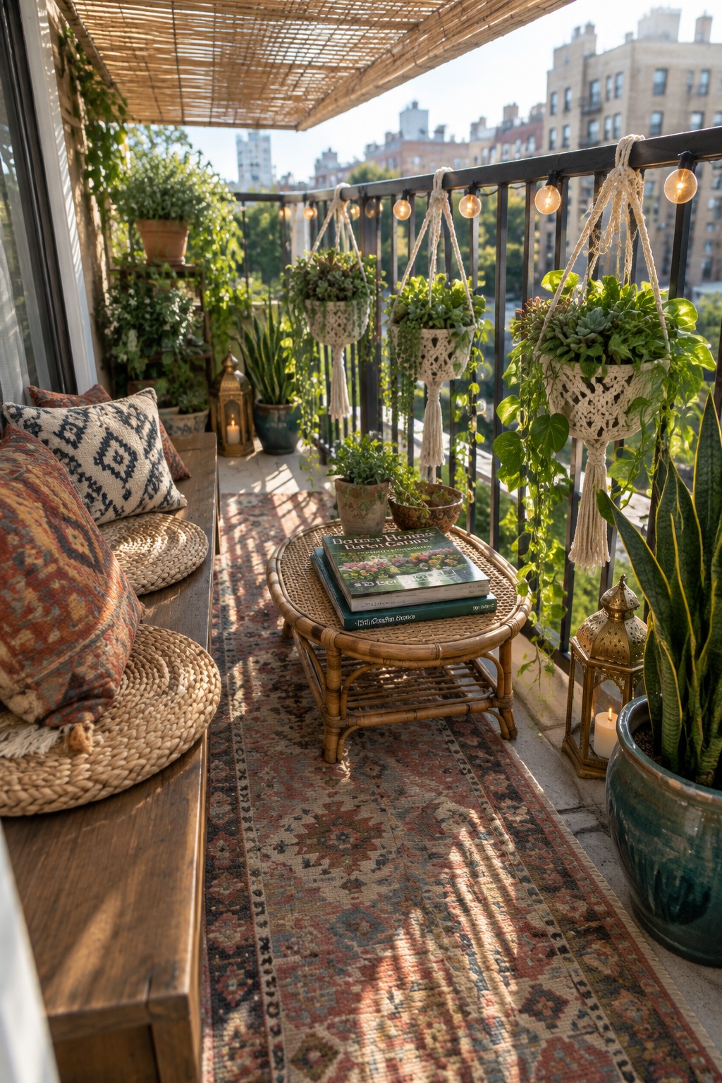 A small furnished balcony with a wooden bench, patterned rug, rattan table, hanging macrame planters along the railing, and various potted plants.
