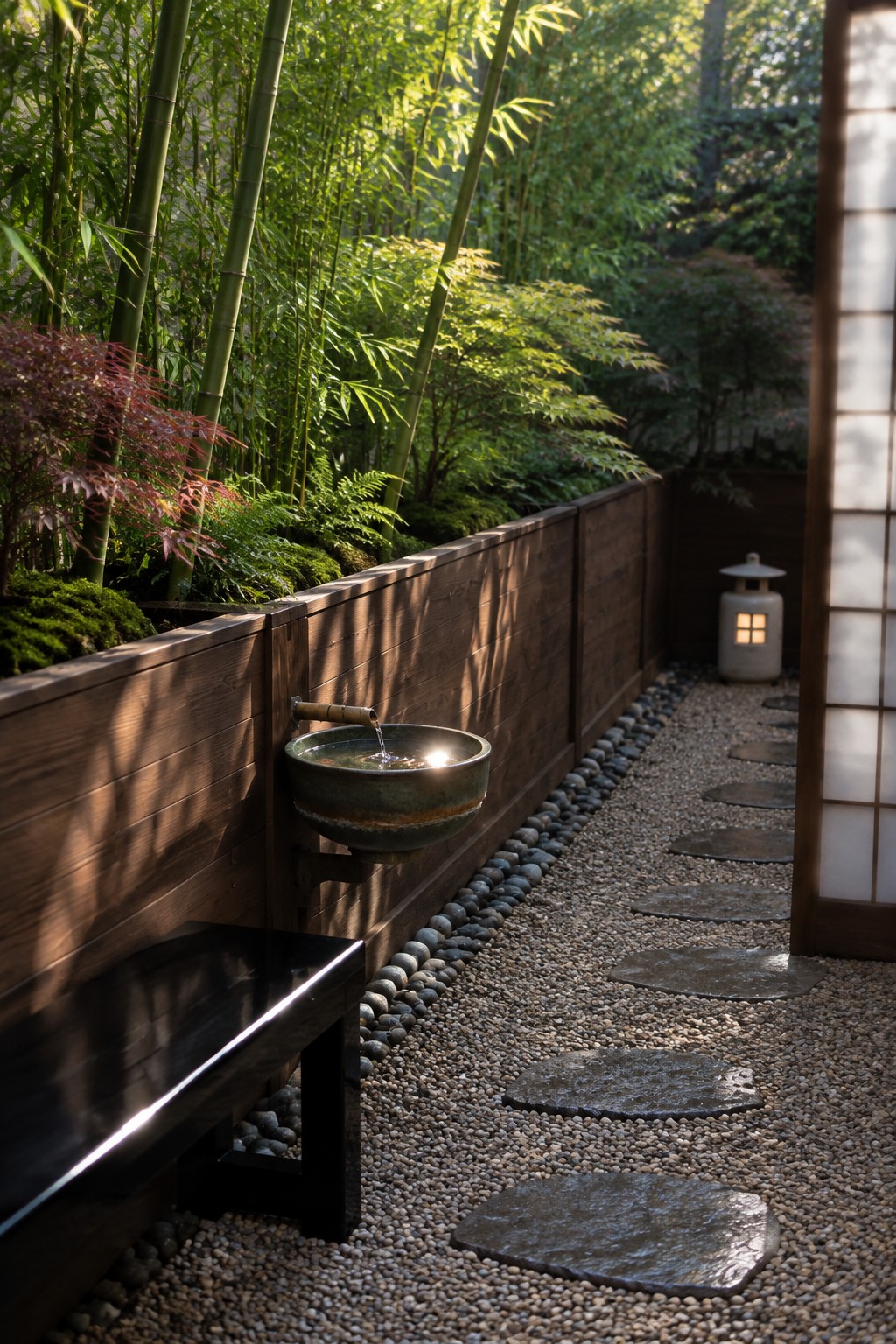 A narrow outdoor path of irregular stepping stones set in gravel runs beside a wooden fence lined with bamboo, ferns, and a stone water basin.