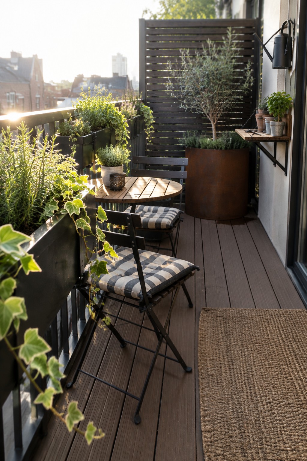 A narrow urban balcony with dark wood flooring, black railing-mounted planters filled with green plants and trailing ivy, a round wooden table with two folding chairs, and a large woven rug on the deck.