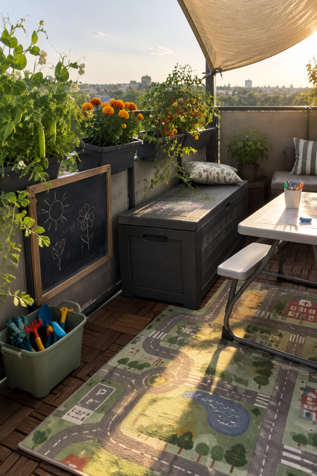 A small terrace with multiple planters mounted along the railing holding orange flowers and climbing vines, next to a storage bench and a play rug.