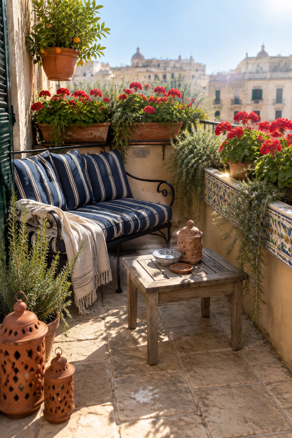 A small stone terrace features a striped bench, wooden coffee table, terracotta lanterns, and rows of red geraniums planted in long containers along the railing.