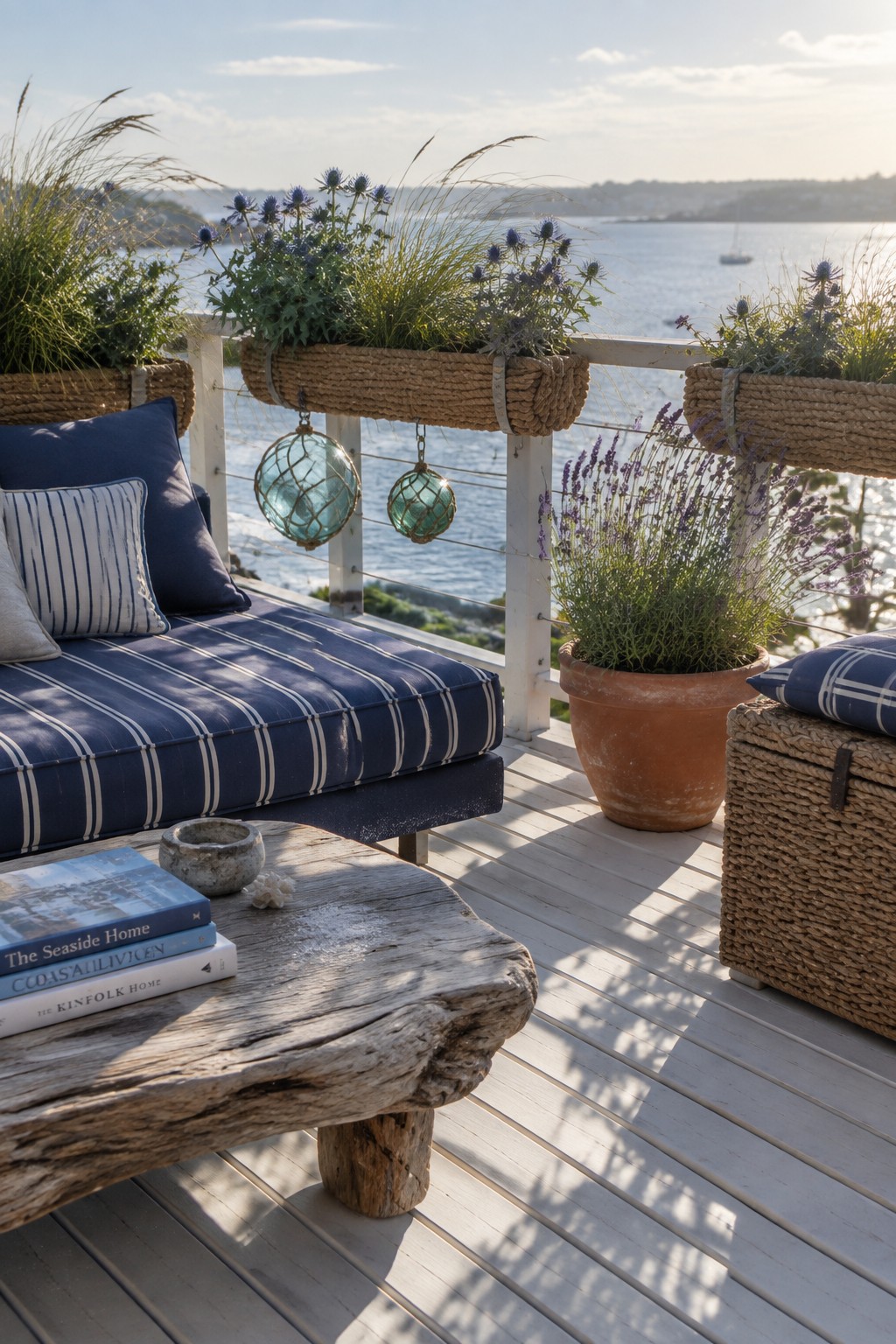 A wooden deck with a blue striped daybed, driftwood coffee table, and rope-wrapped planters mounted along the white railing overlooking the water.