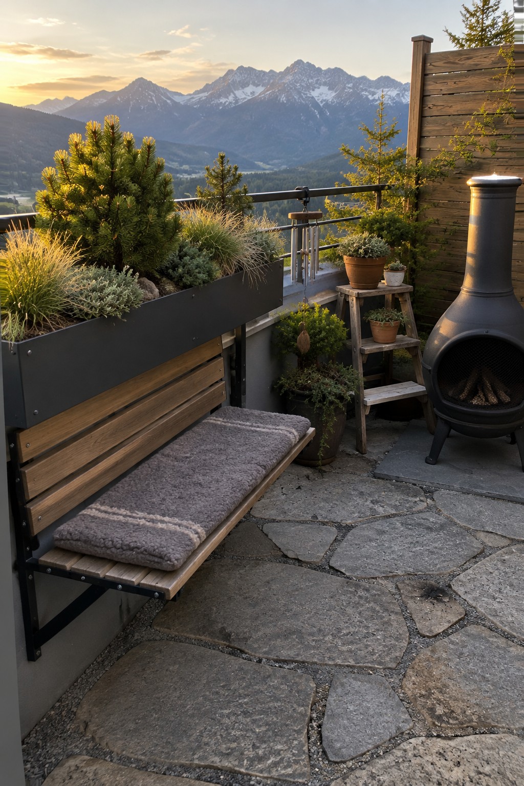 Stone patio balcony with bench, plants, chiminea and mountain vista at dusk.