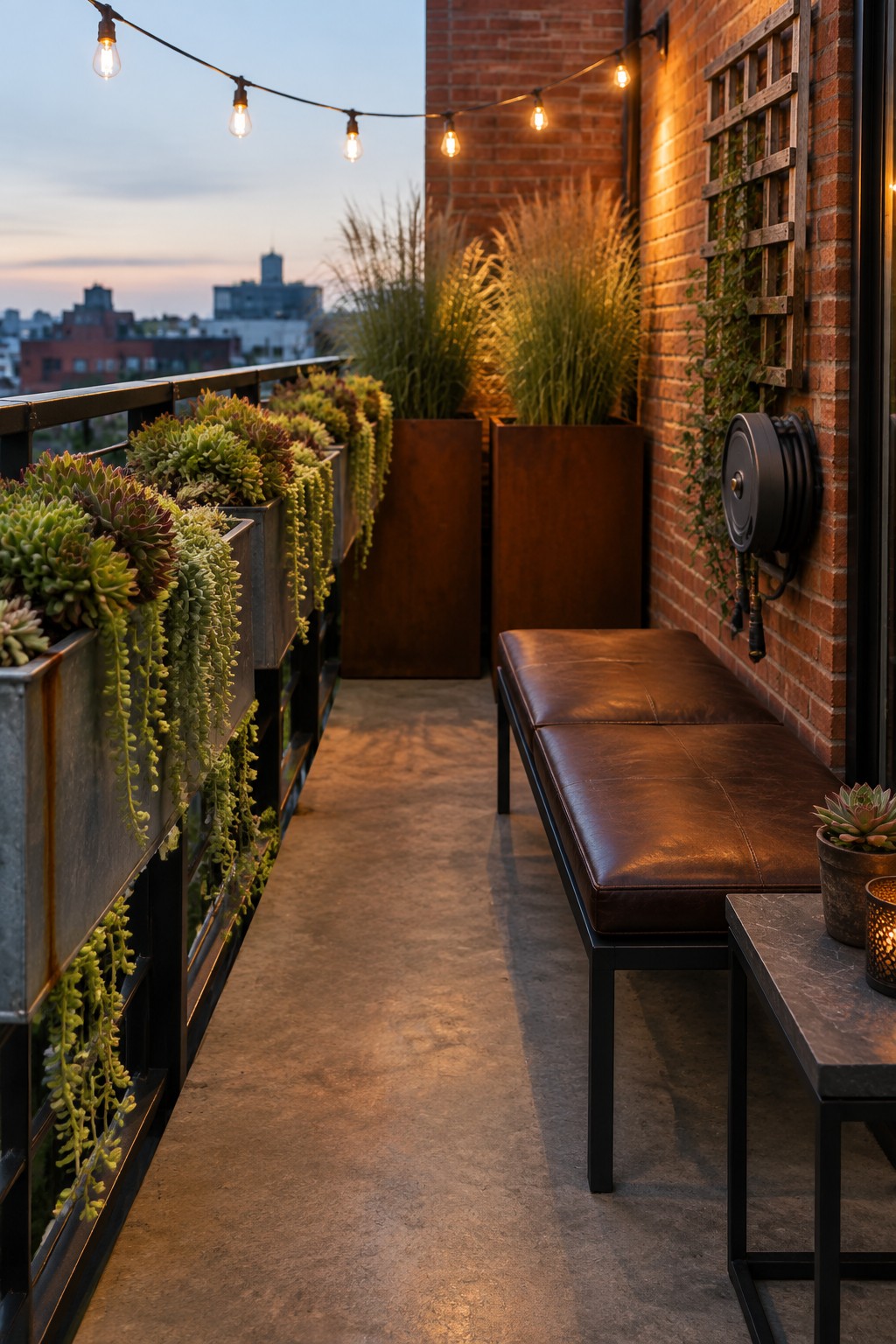A narrow concrete terrace with metal railing planters full of succulents and trailing plants, a brown leather bench against a brick wall, and string lights overhead at dusk.