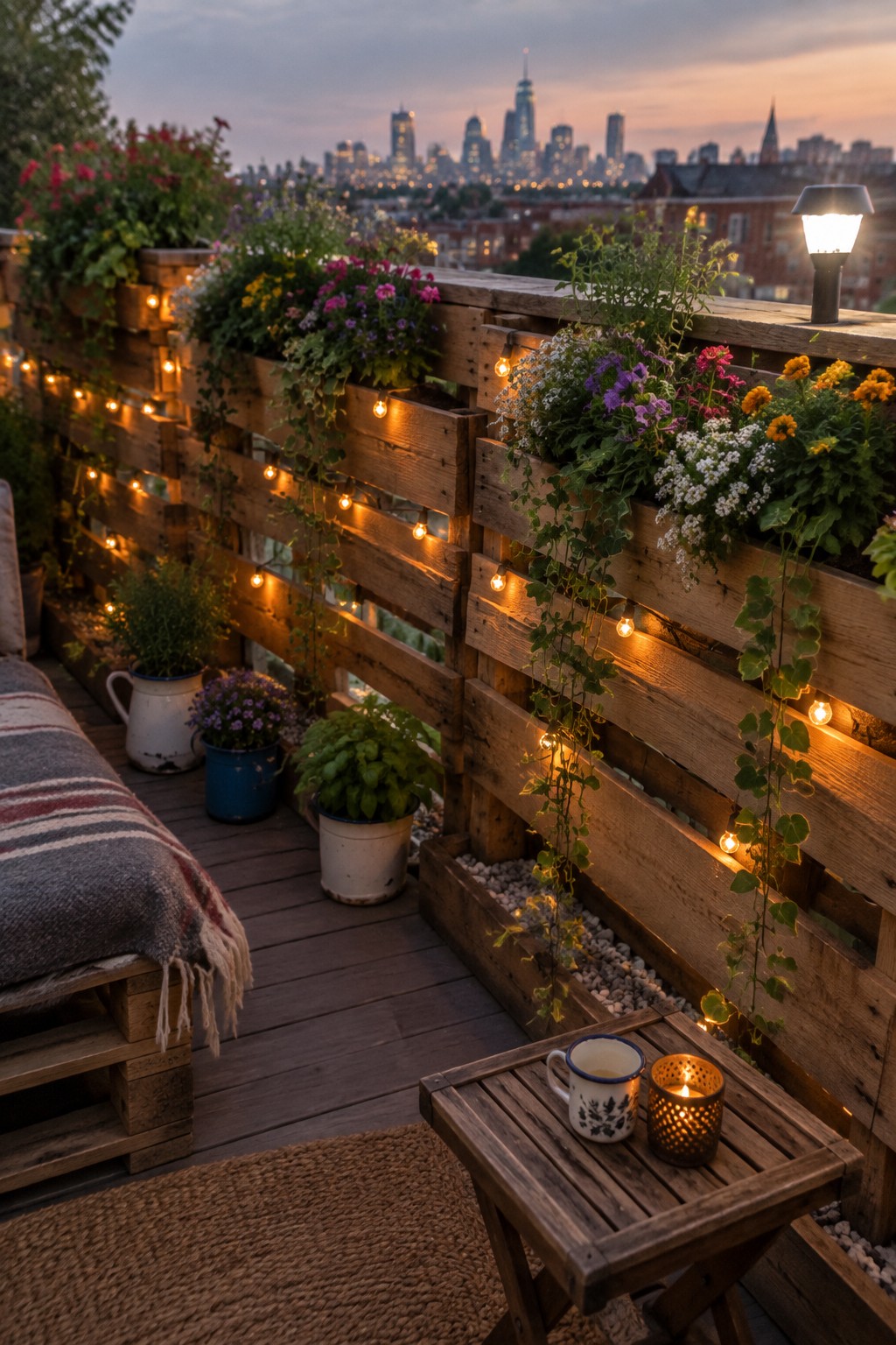 Cozy pallet balcony with string lights, colorful flowers, small table, and city skyline at dusk