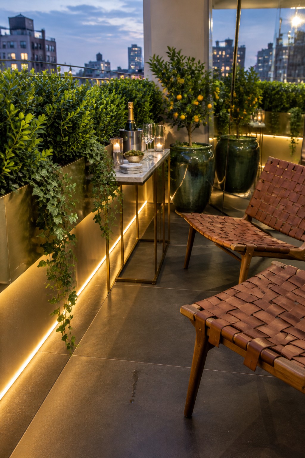 Outdoor terrace at dusk with metal railing planters holding green shrubs and trailing ivy, large green pots with citrus trees, a marble-topped table with champagne and glasses, and two woven leather chairs on dark tile flooring.