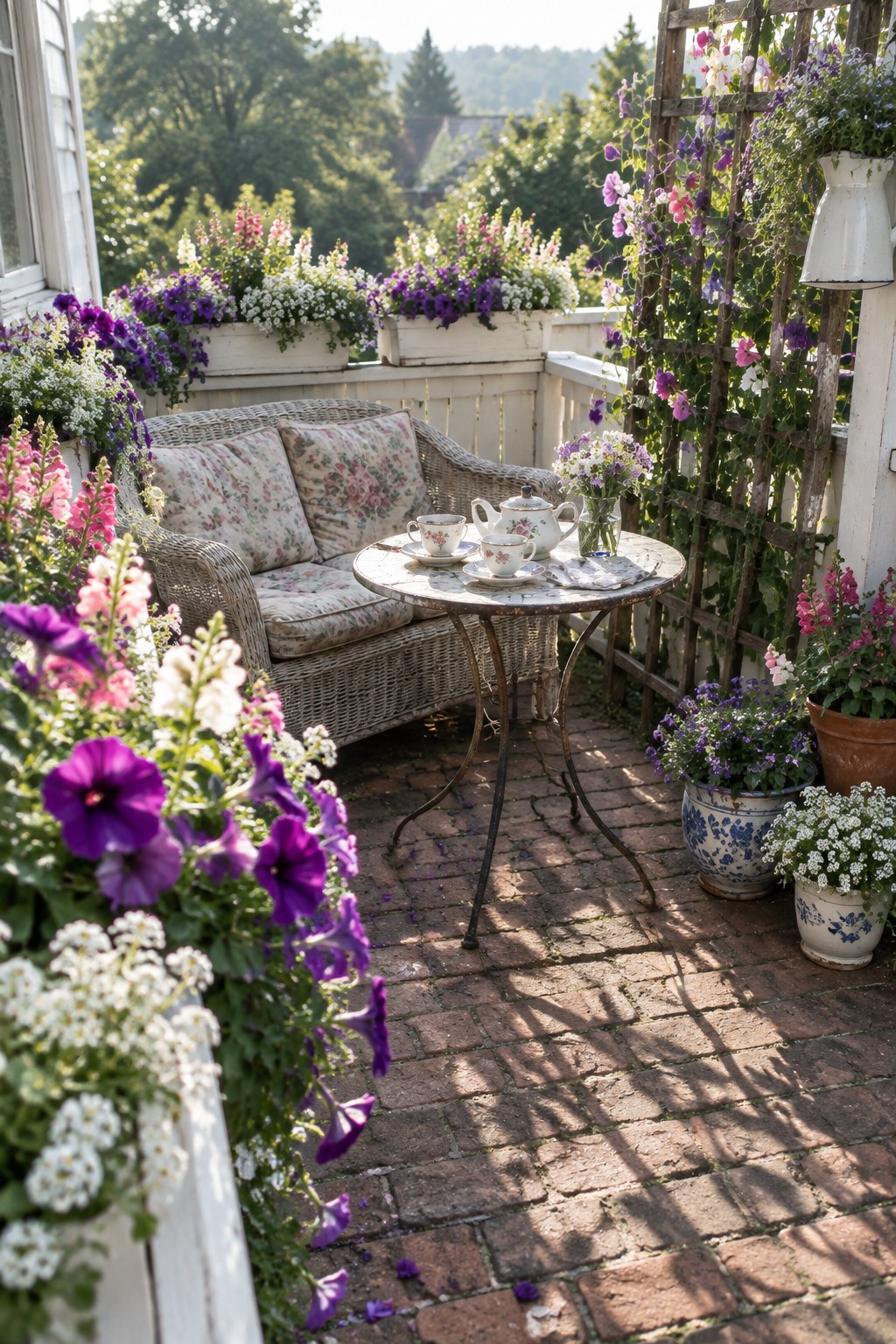 A small brick terrace features a wicker sofa with floral cushions, a round metal table set for tea, and white railing planters overflowing with purple and white flowers, plus additional potted plants on the floor.