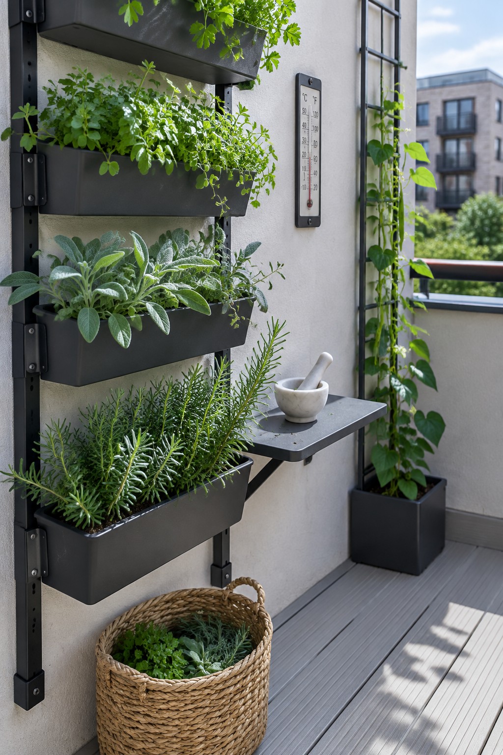 Black vertical planters with green herbs on balcony wall beside mortar and pestle