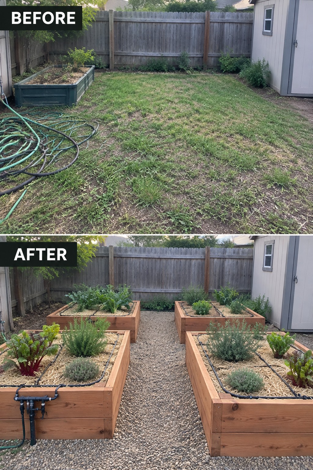 Before and after backyard with wooden raised garden beds and gravel paths