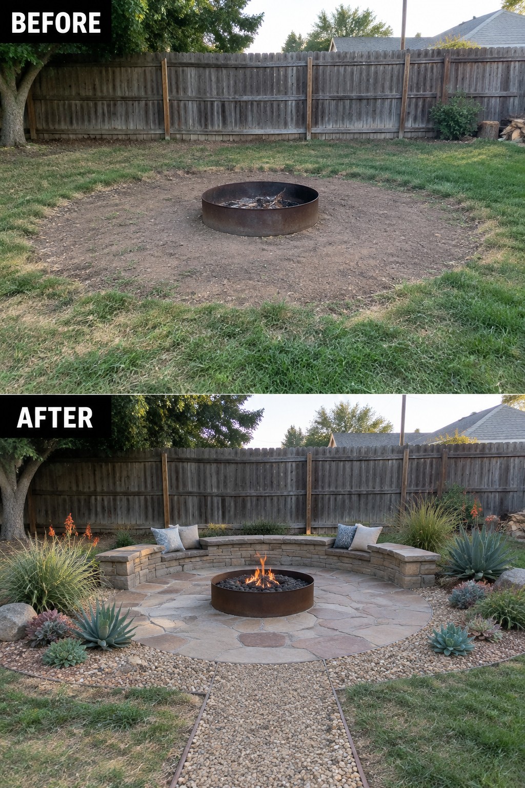 Before and after backyard fire pit with stone patio, bench, and landscaping