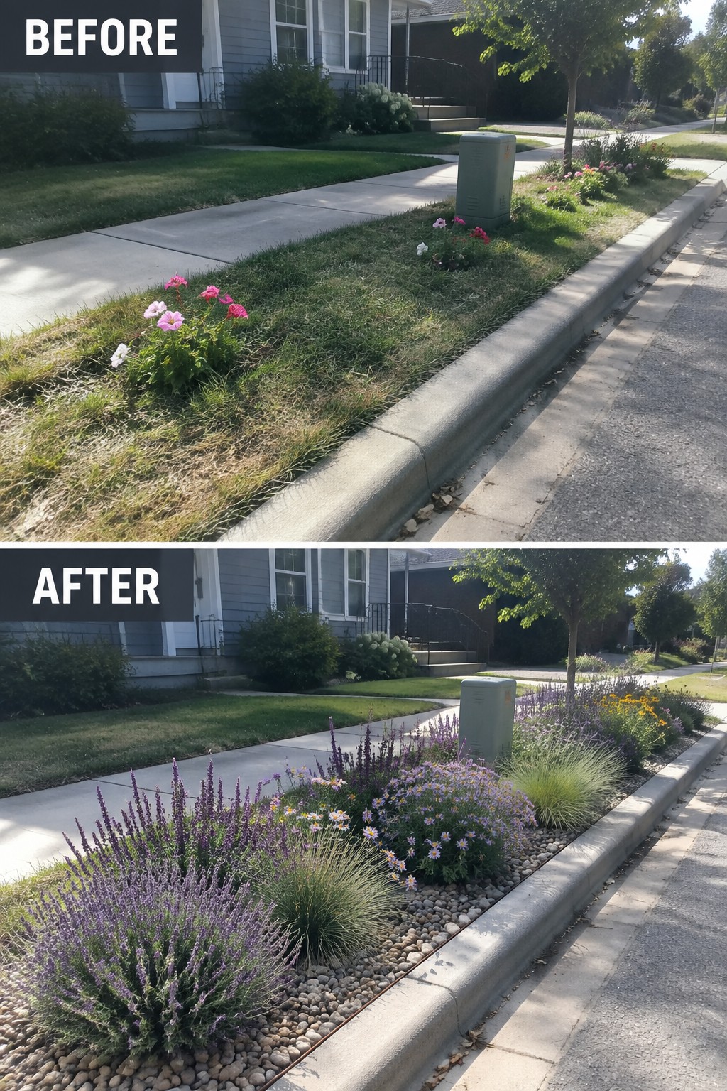 Before and after of curb-side garden bed transformed with purple flowers and gravel mulch.