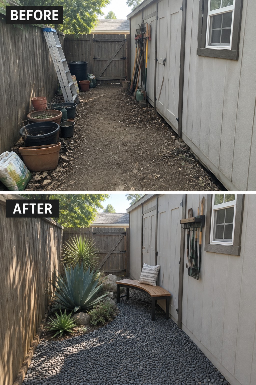 Before-and-after image of a cluttered dirt side yard changed into a clean gravel path with a planted agave border and a small bench.