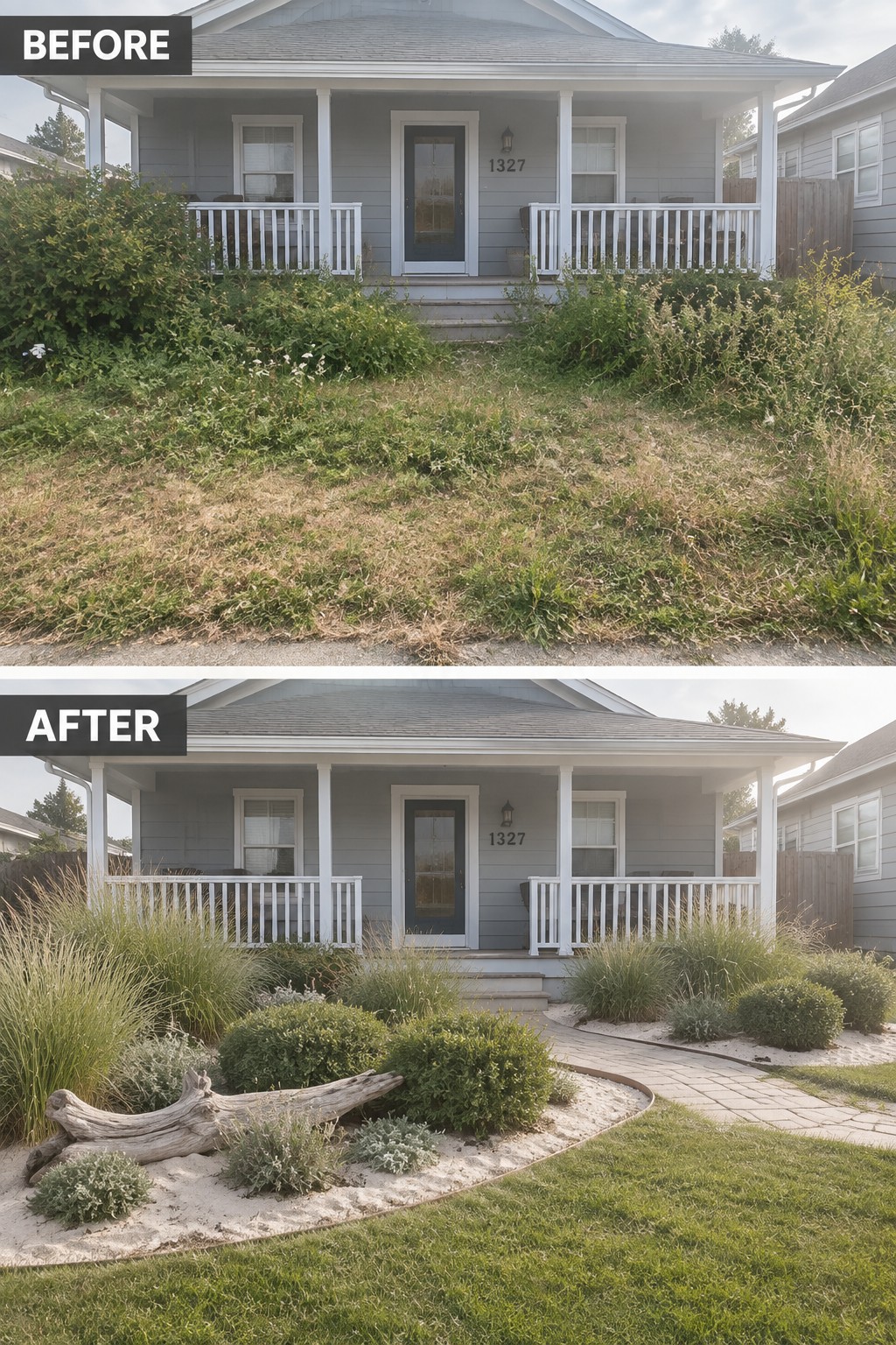 Before and after of gray house with overgrown lawn transformed into landscaped yard and path
