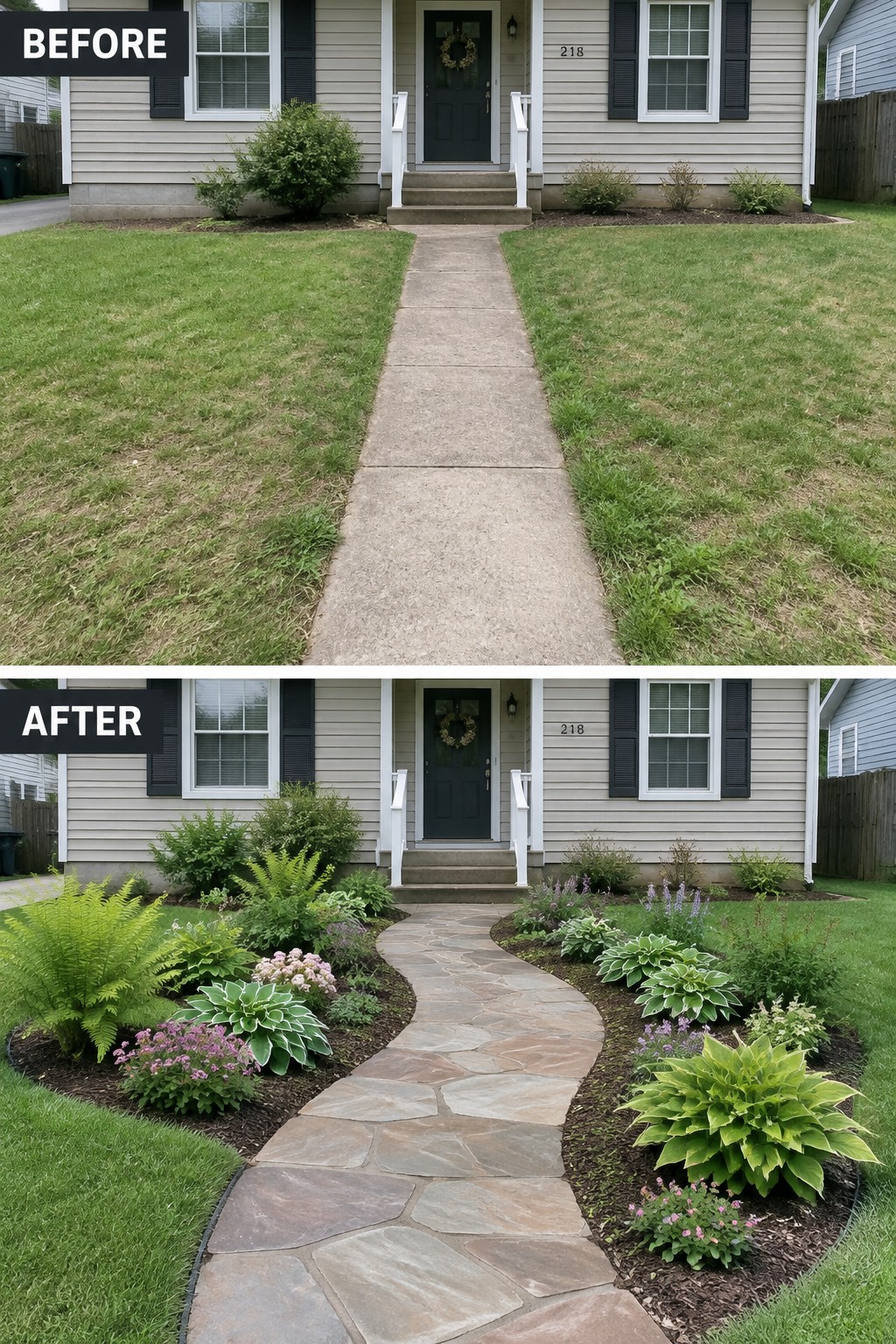 Before-and-after view of house front yard with straight concrete path replaced by curved stone walkway and gardens.
