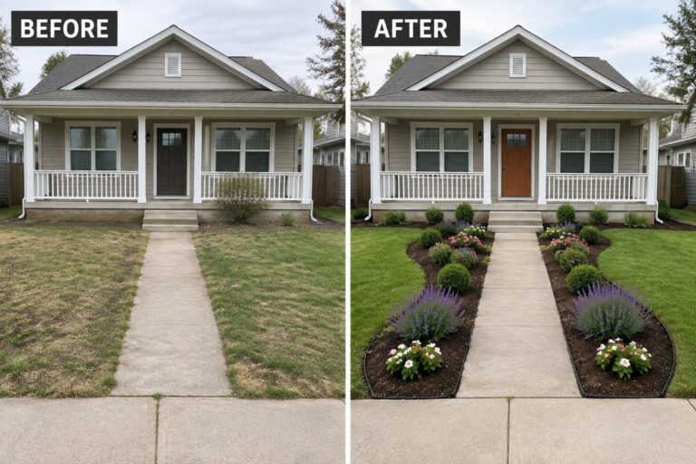 20 Stylish Front Yard Landscaping Ideas With Curved Garden Borders Before and after of beige house with new colorful garden landscaping and orange door.