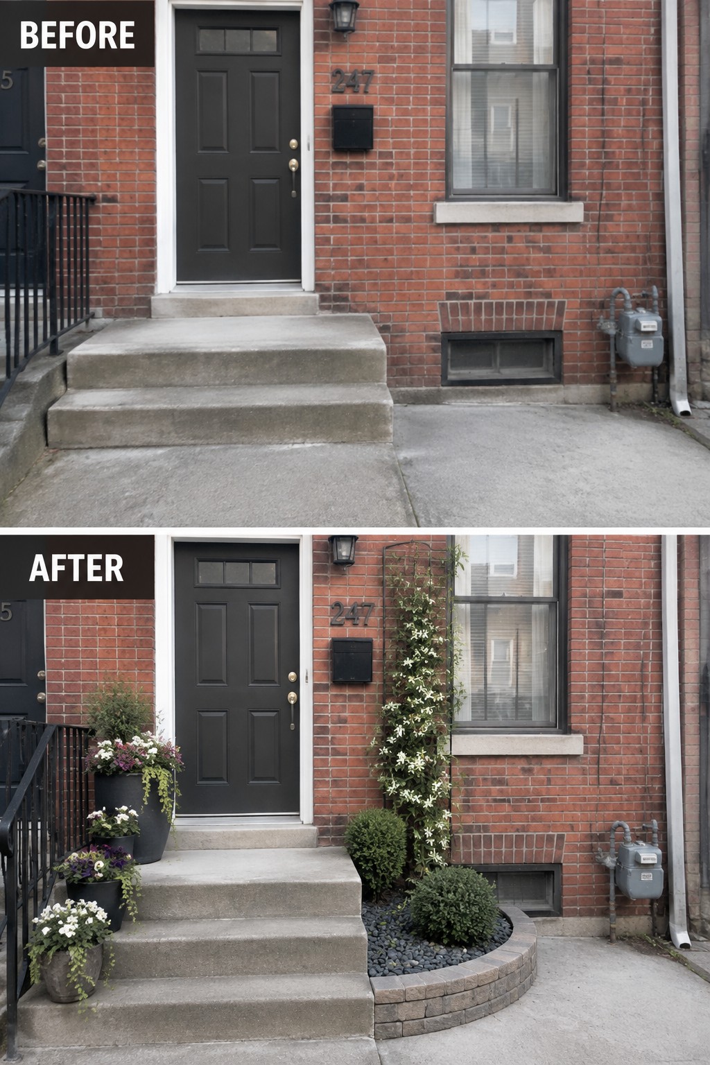 Before-and-after image of a brick house entrance with a curved garden border added around the steps and new plants in the front bed.