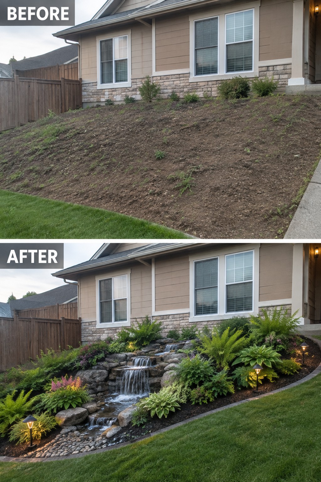 Before and after of bare slope transformed into lush rock waterfall garden