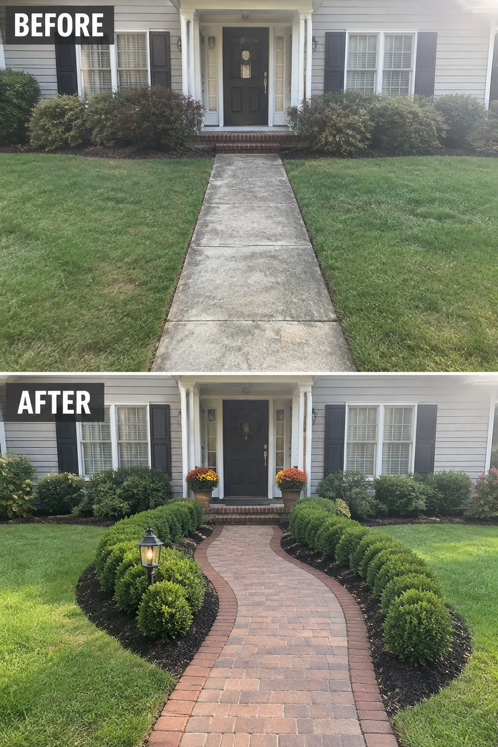 Before and after views of house entrance with curved brick path and new landscaping