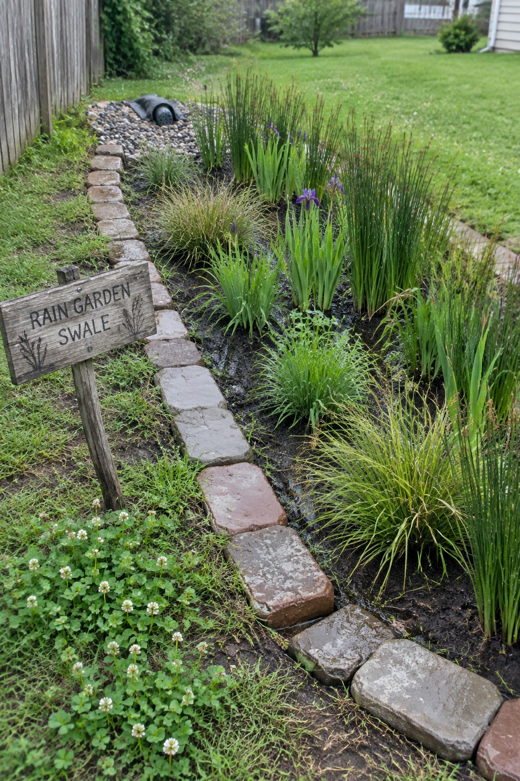 A backyard rain garden swale bordered by brick and stone pavers, planted with grasses and purple flowers, and marked by a wooden sign.
