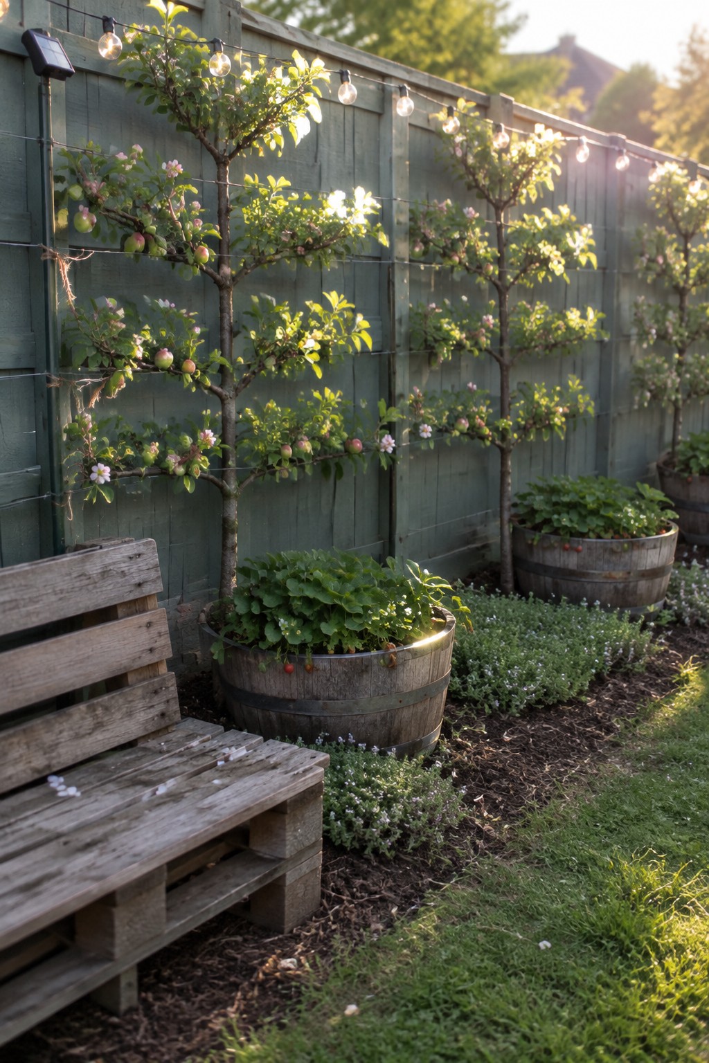 Wooden pallet bench beside barrel planters with strawberries and espaliered trees on green fence