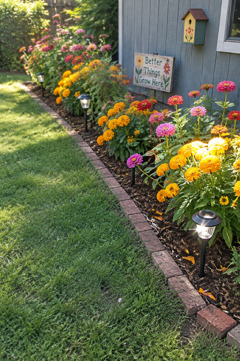 A long flower bed filled with orange, yellow, and pink blooms is bordered by red bricks next to a green lawn, with two solar lights placed in the soil.