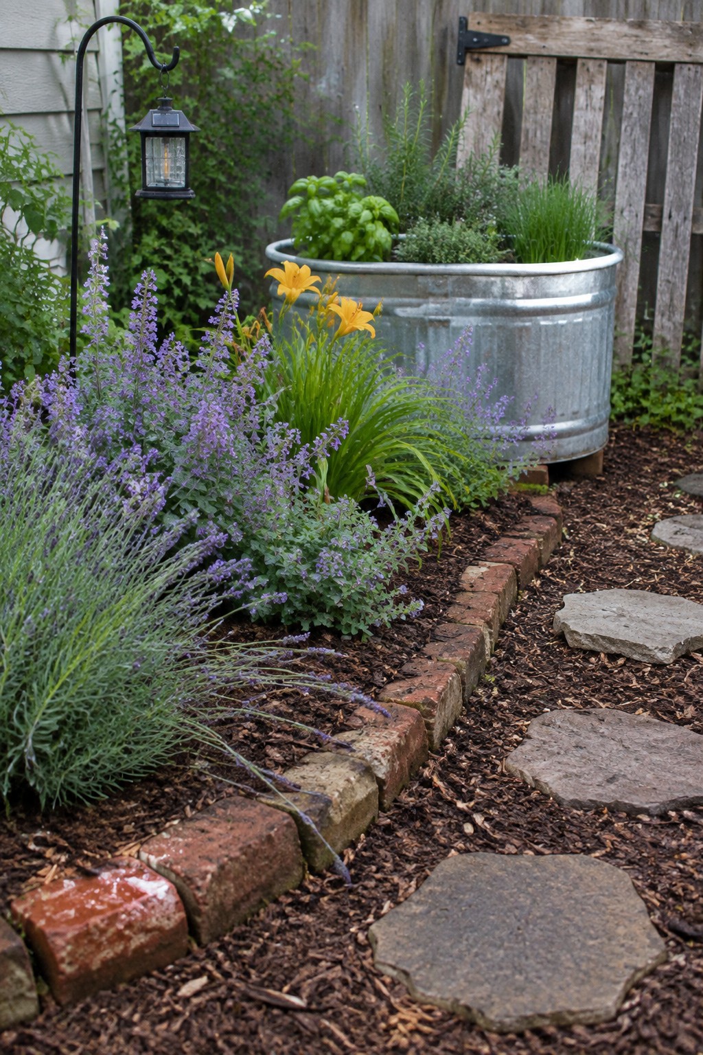 A garden bed edged with red bricks holds purple flowering plants, yellow lilies, and green foliage beside a galvanized metal tub planter and a stone path.