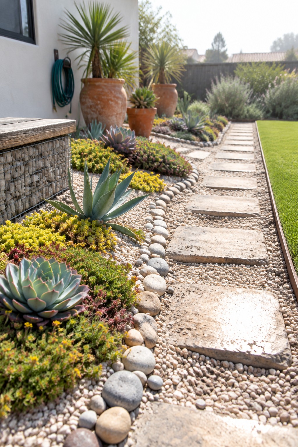 A backyard path of large stone pavers set in gravel runs beside a house, edged with rounded stones and drought-tolerant plants including succulents.