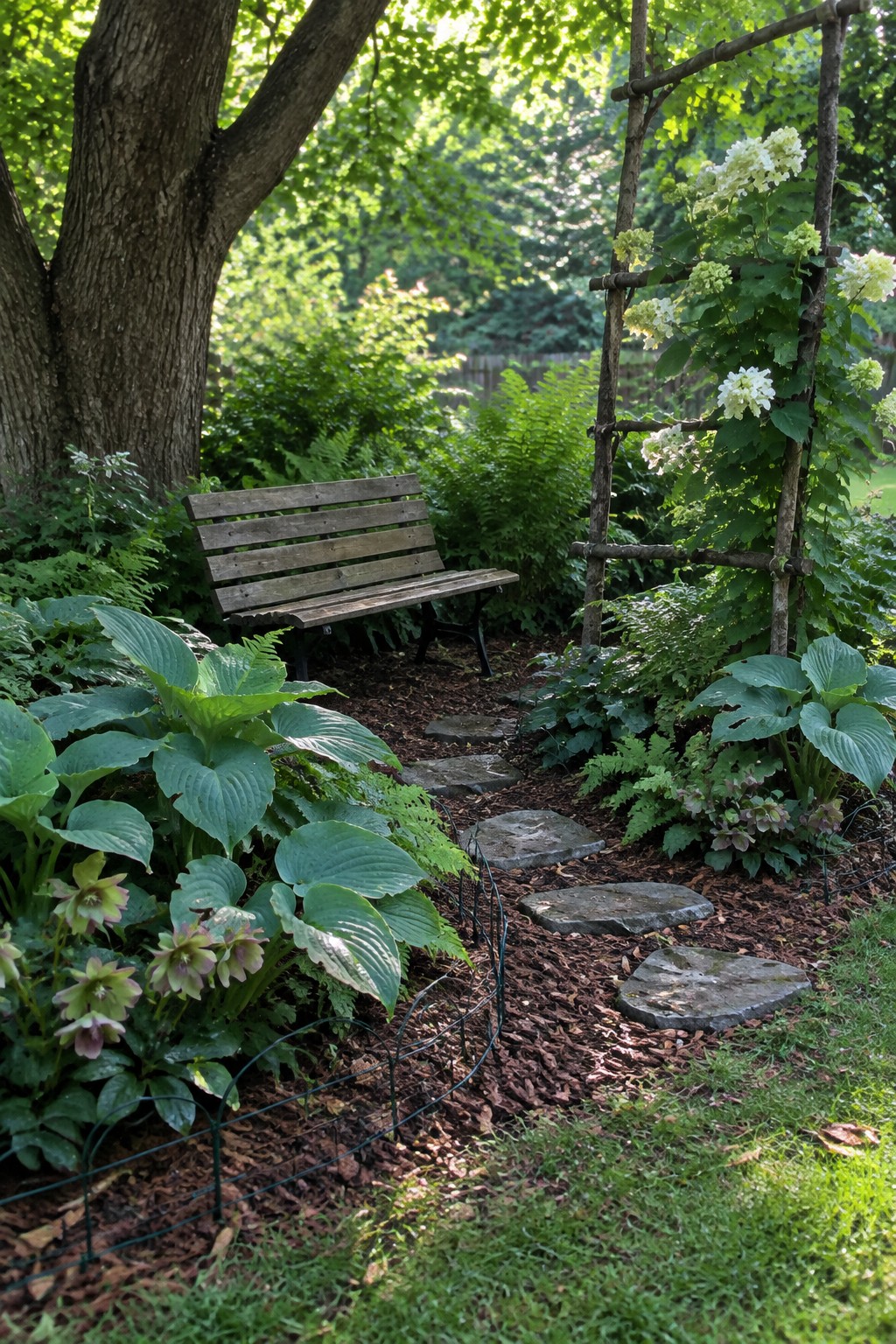 Wooden bench along a stone path in a lush garden with trellis flowers.