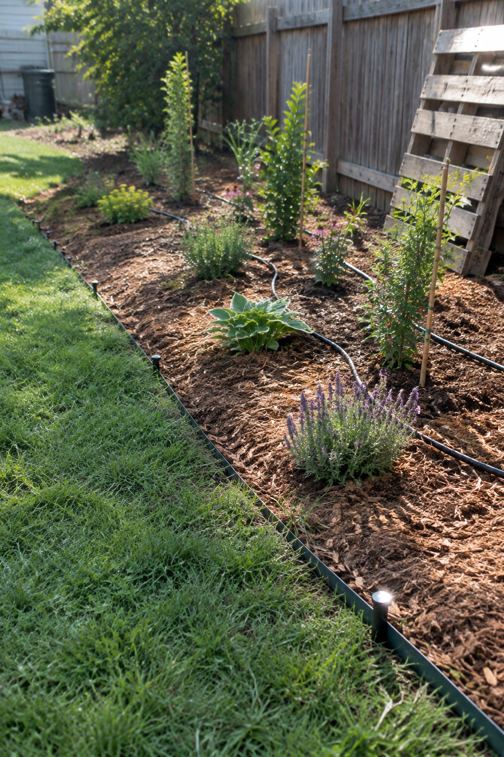 A mulched garden bed with black edging runs alongside a lawn, containing various plants and a visible drip irrigation line.