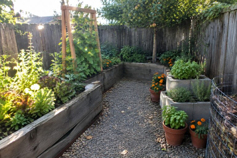 Wooden raised beds with climbing vines, flowers, and herb pots line a sunny gravel path.
