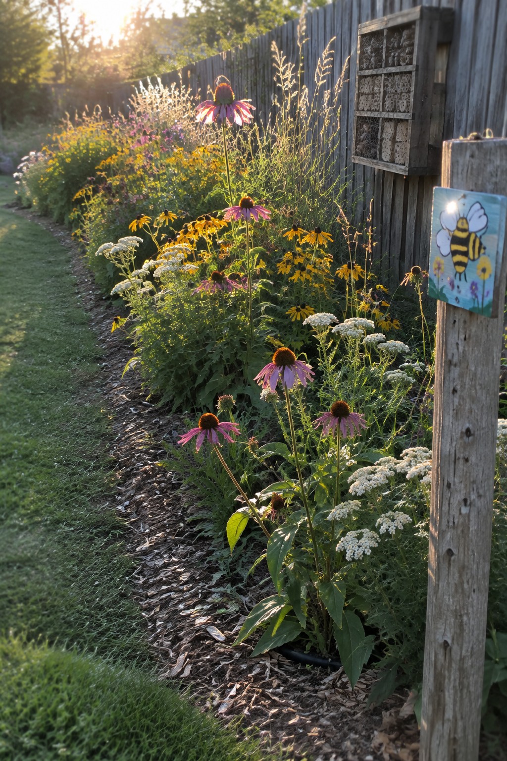 Garden bed of pink coneflowers and yellow flowers by wooden fence with bee sign.
